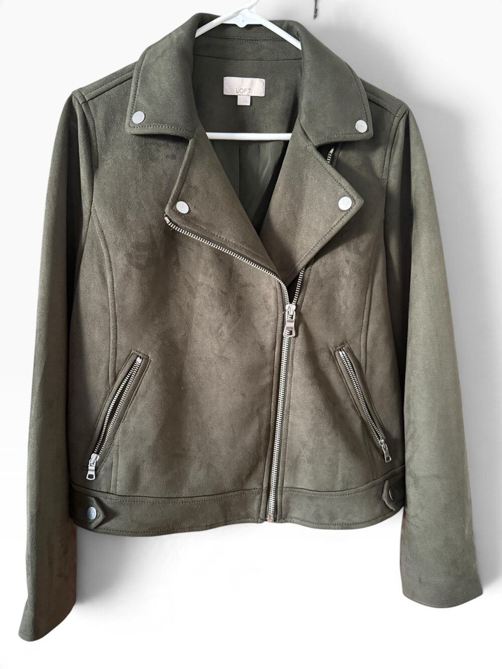 LOFT Dark Olive Green Faux Suede Moto Jacket Small Vegan Biker Zip Front